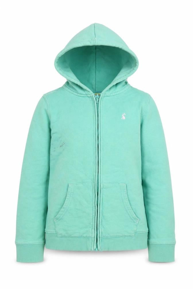 Front view of Joules girls’ green full zip cotton hoodie, size 1, year