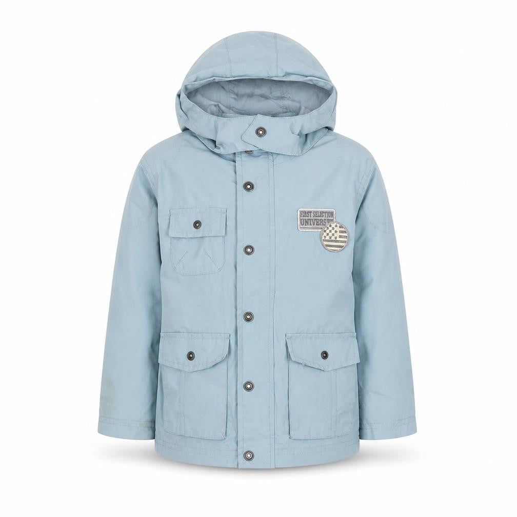 Front view of Stylish girls’ blue parka coat with hood, size 4, years