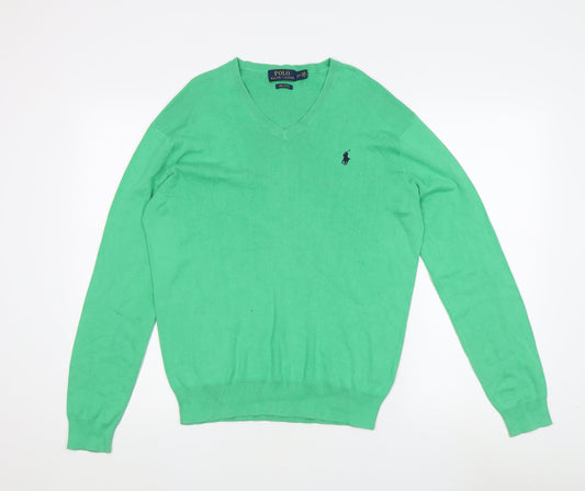 Polo Ralph Lauren Men's Green V-Neck Cotton Jumper, S