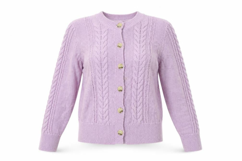 Front view of AND/OR Women's Purple Cable-Knit Cardigan