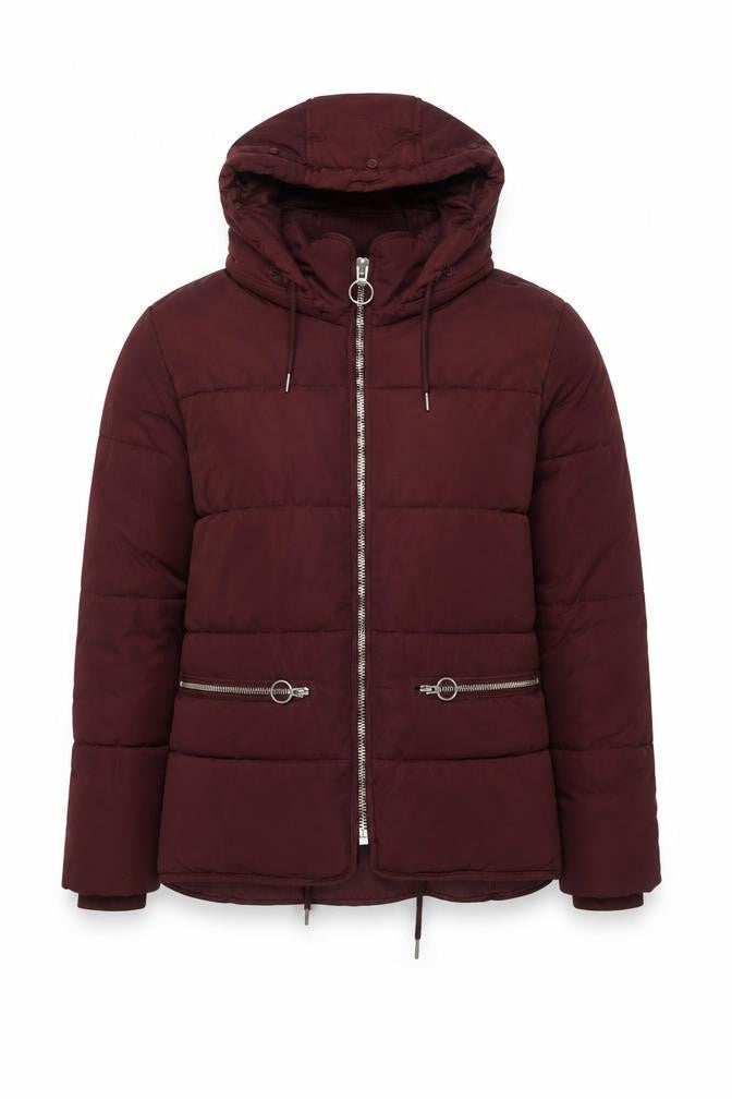 Topshop Women's Red Puffer Jacket Size 6 - Hooded, Zipped