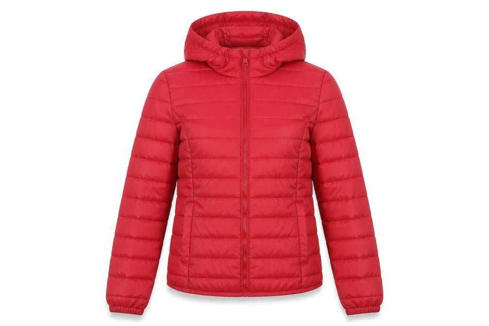 Front view of Only Women's Red Puffer Jacket, size S, Hooded Zip