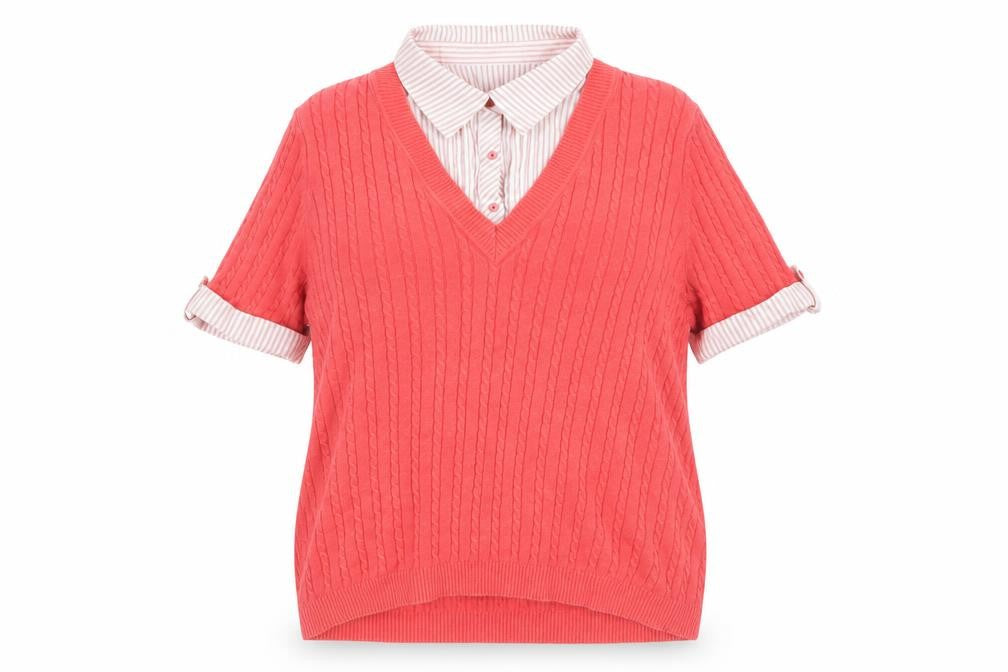 Front view of Maine New England Women's Red V-Neck Cotton Short Sleeve Sweater
