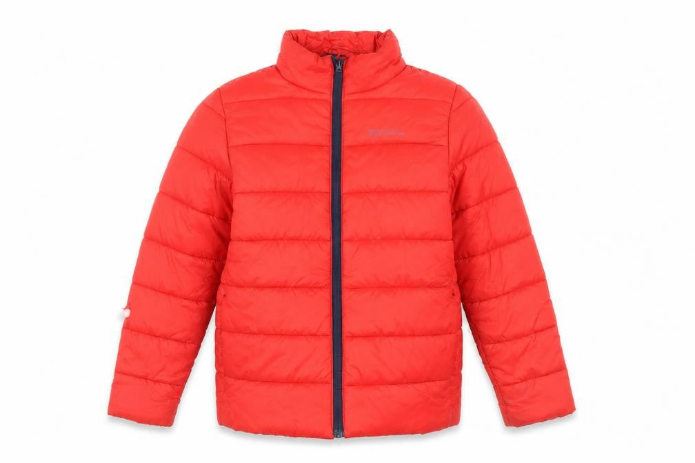 Front view of Mountain Warehouse boys’ red puffer jacket 9-10 yrs water resistant
