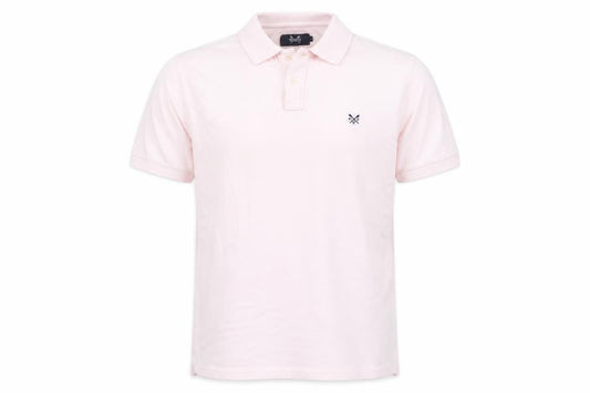 Front view of Crew Clothing Men's Pink Polo, size L, Logo Accent