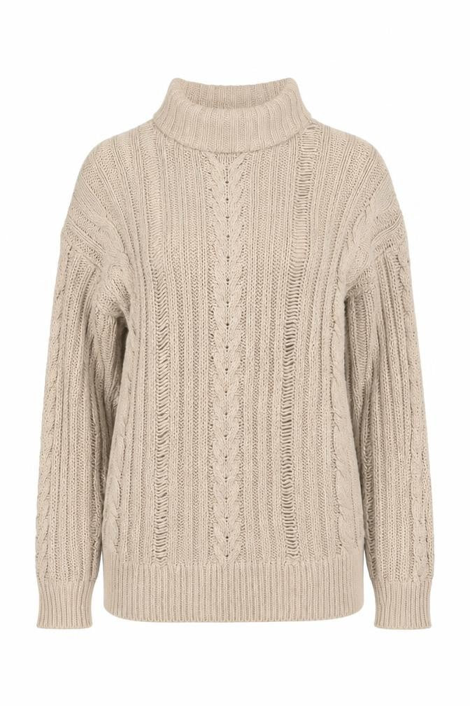 Front view of ASOS Beige Roll Neck Cable-Knit Cotton Pullover, size 6