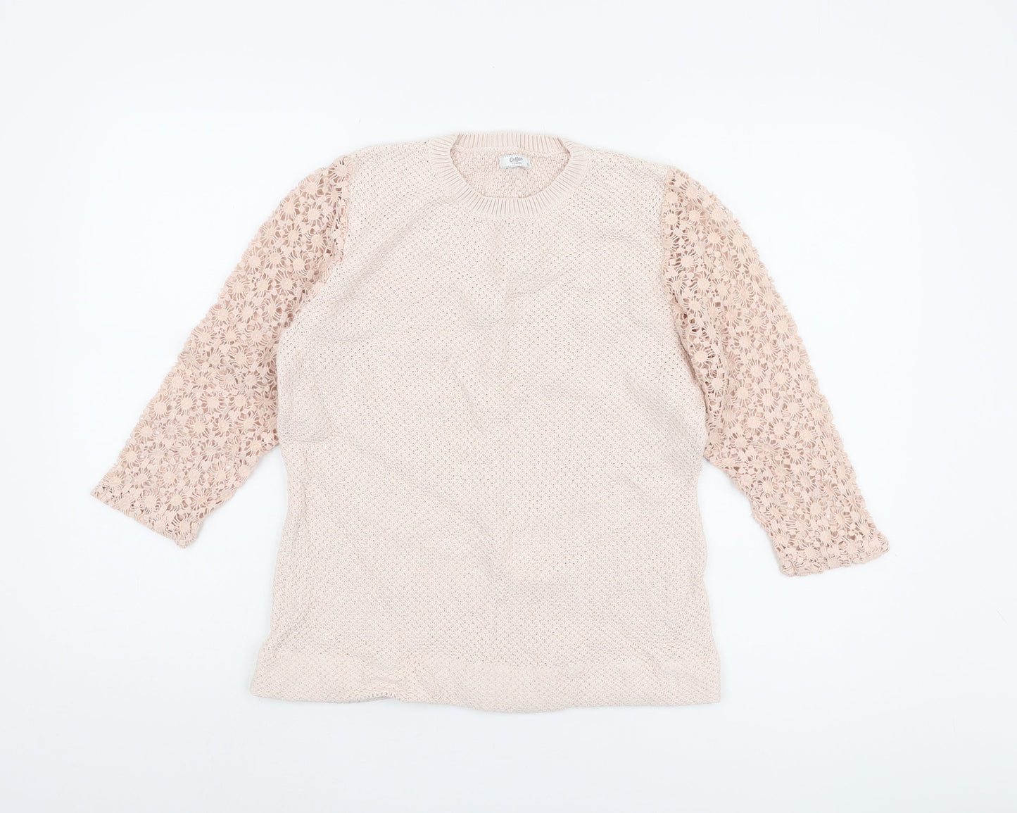 Cotton Traders Women's Beige Open-Knit Jumper Size 10