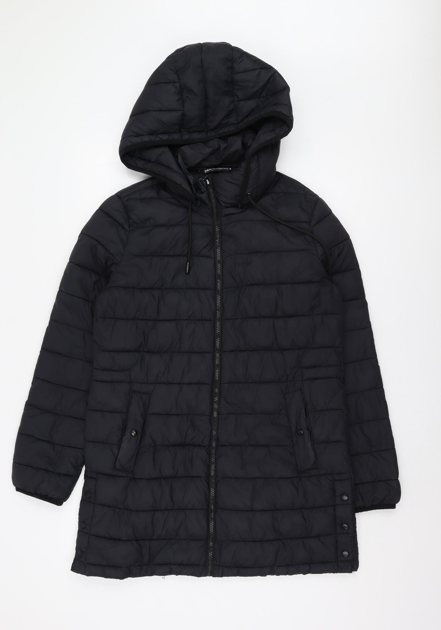 Zara Women's Black Mid-Length Hooded Jacket Size M