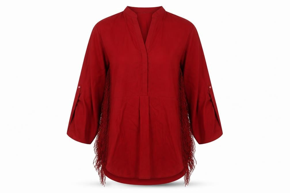 Front view of Zara Woman Red Fringe Blouse, size M, Tunic Style