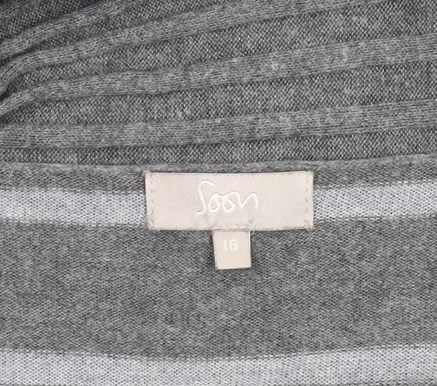 Soon Women's Grey Striped Open Front Cardigan, Size 16