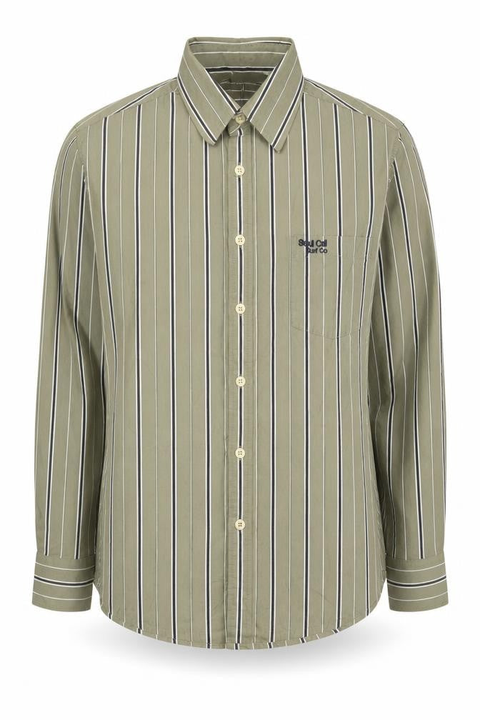 Soul Cal Men's Green Striped Button-Up Shirt L