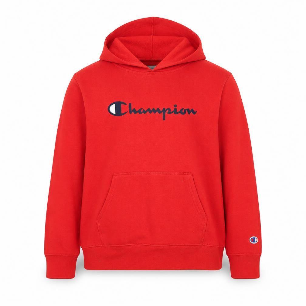 Front view of Champion boys’ red pullover hoodie, size L, logo accent