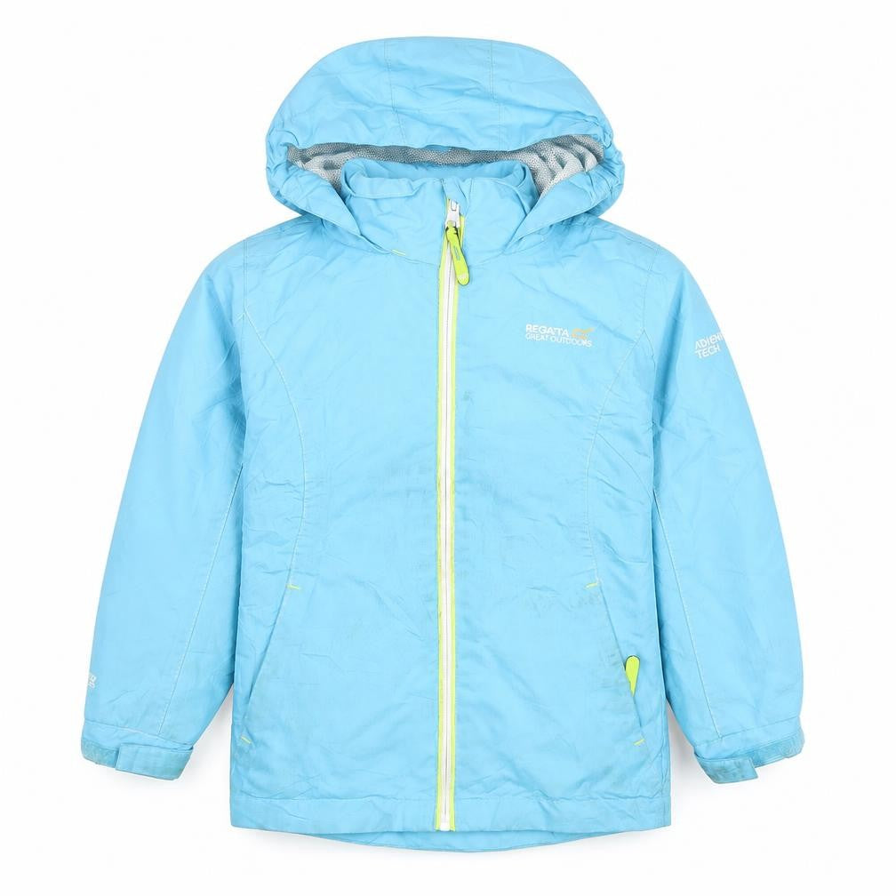 Front view of Regatta boys’ blue waterproof jacket 3-4 years hooded