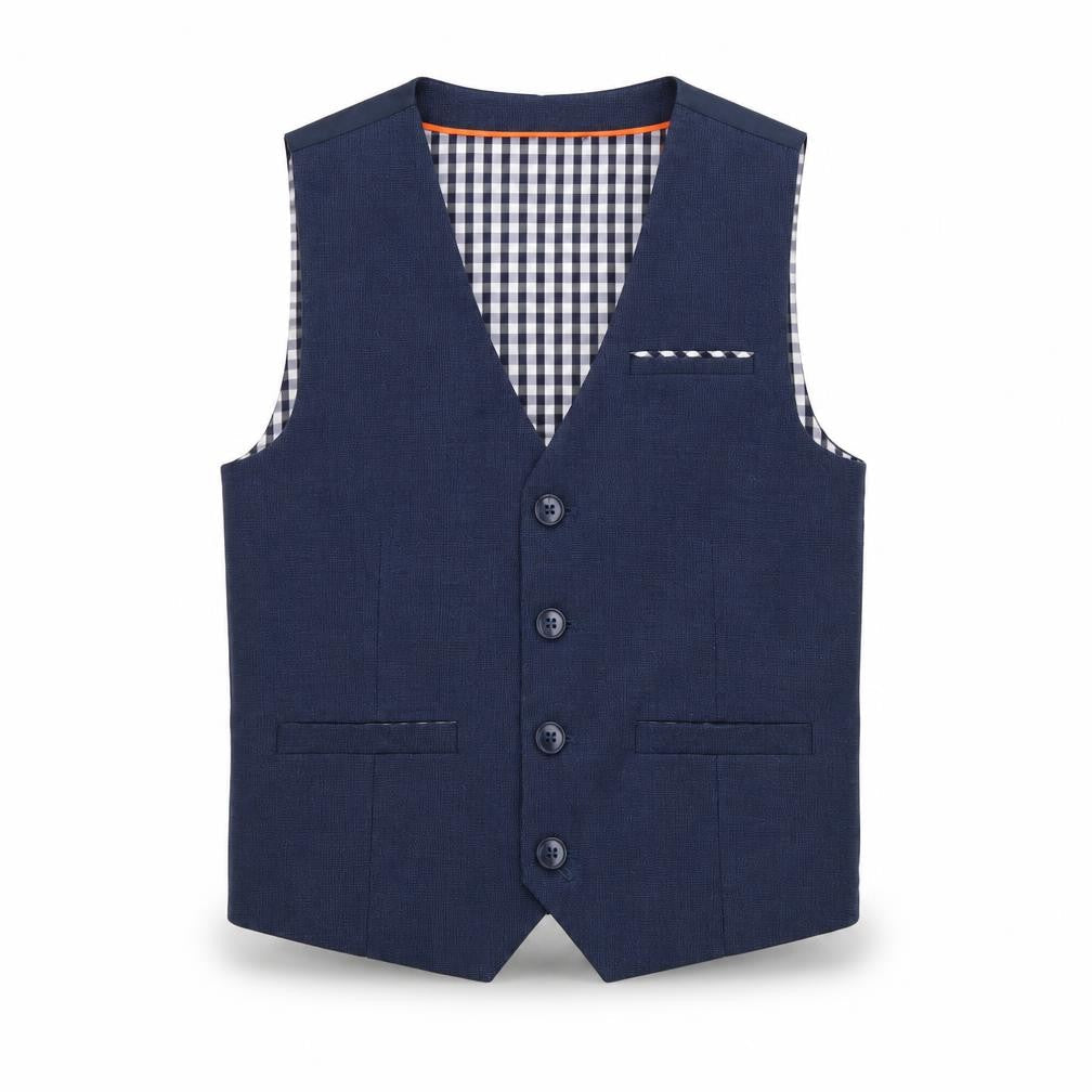 Front view of Next boys’ blue waistcoat, size 5-6, stylish formal wear
