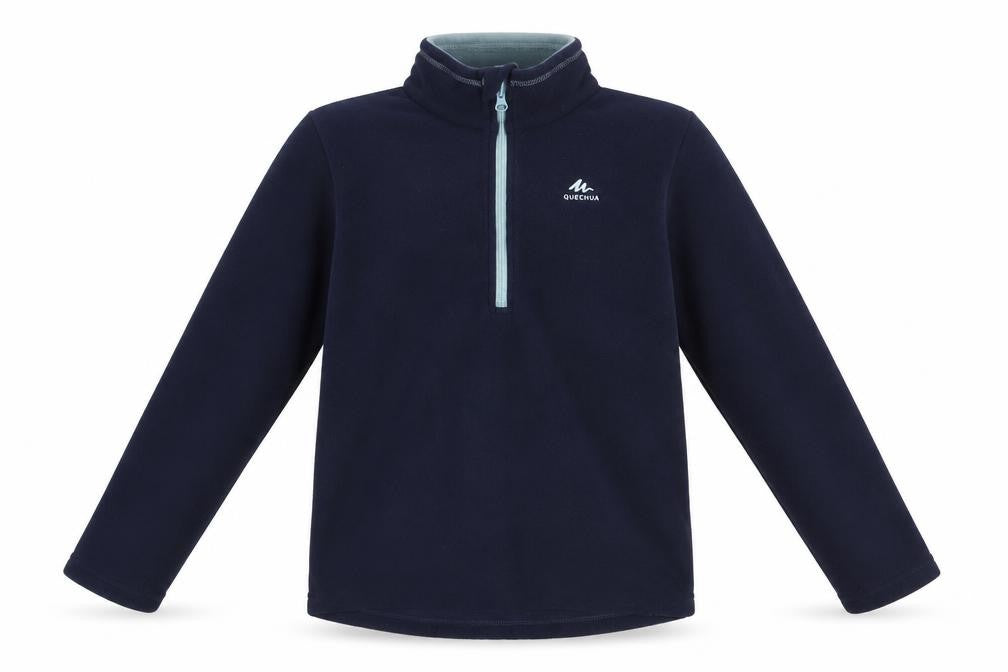 Front view of Decathlon boys’ blue fleece 1/2 zip sweatshirt, 9-10 years