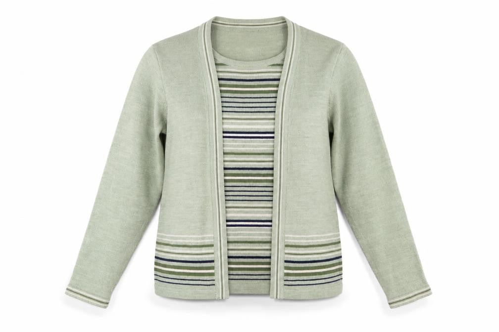 Front view of Honor Millburn Women's Green Cardigan Medium Striped Knit