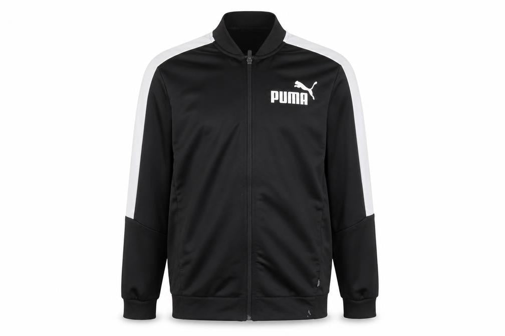 Front view of Puma boys’ black track jacket - large, hooded, polyester