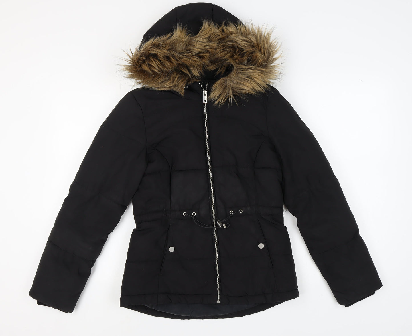 H&M Women's Black Puffer Jacket XS Fur Trim