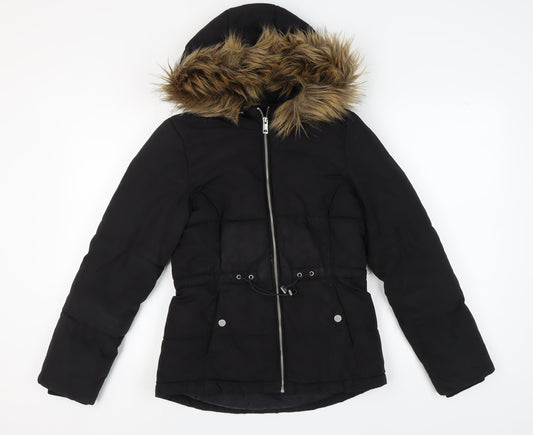 H&M Women's Black Puffer Jacket XS Fur Trim