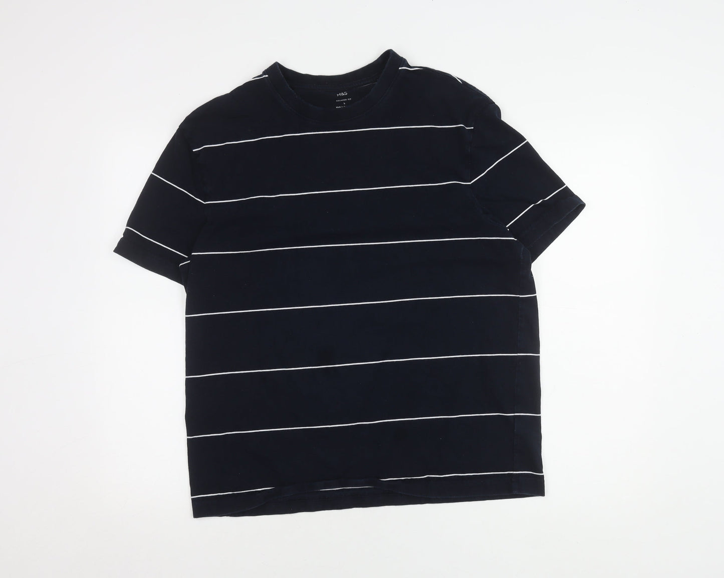 Marks and Spencer Unisex Blue Striped T-Shirt L
