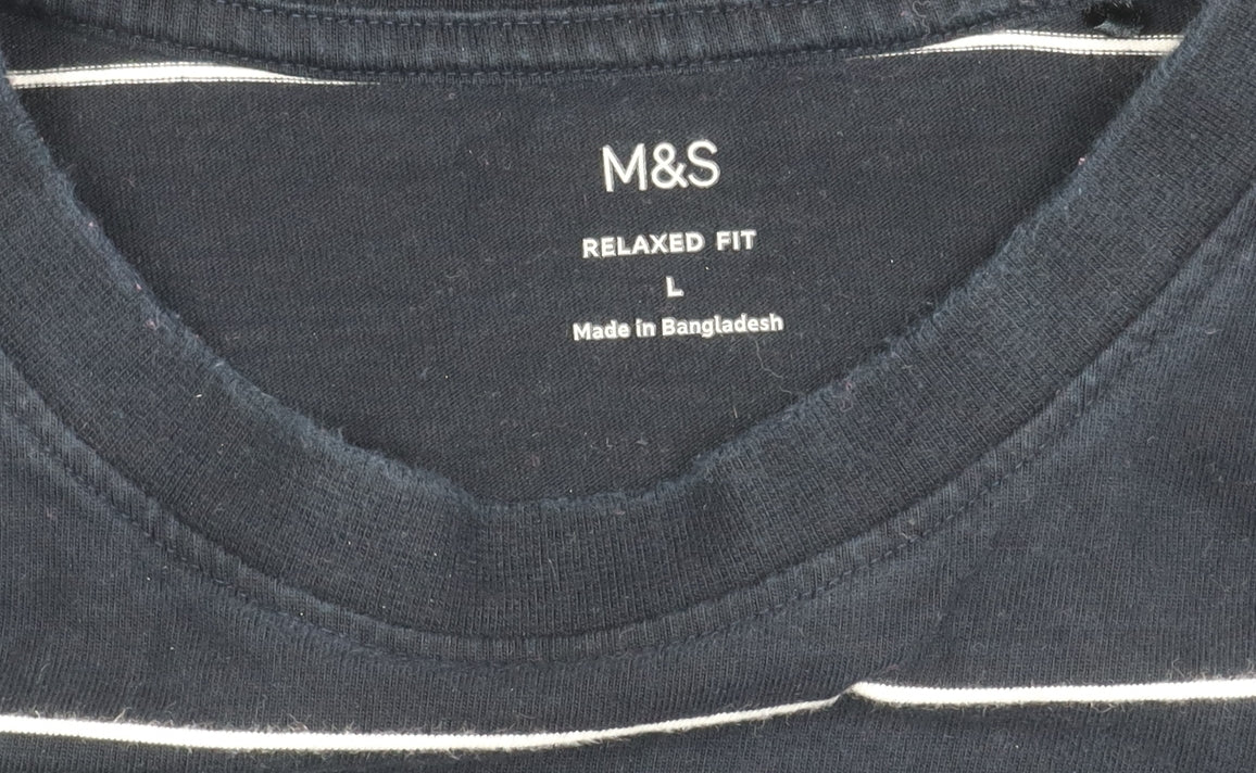Marks and Spencer Unisex Blue Striped T-Shirt L