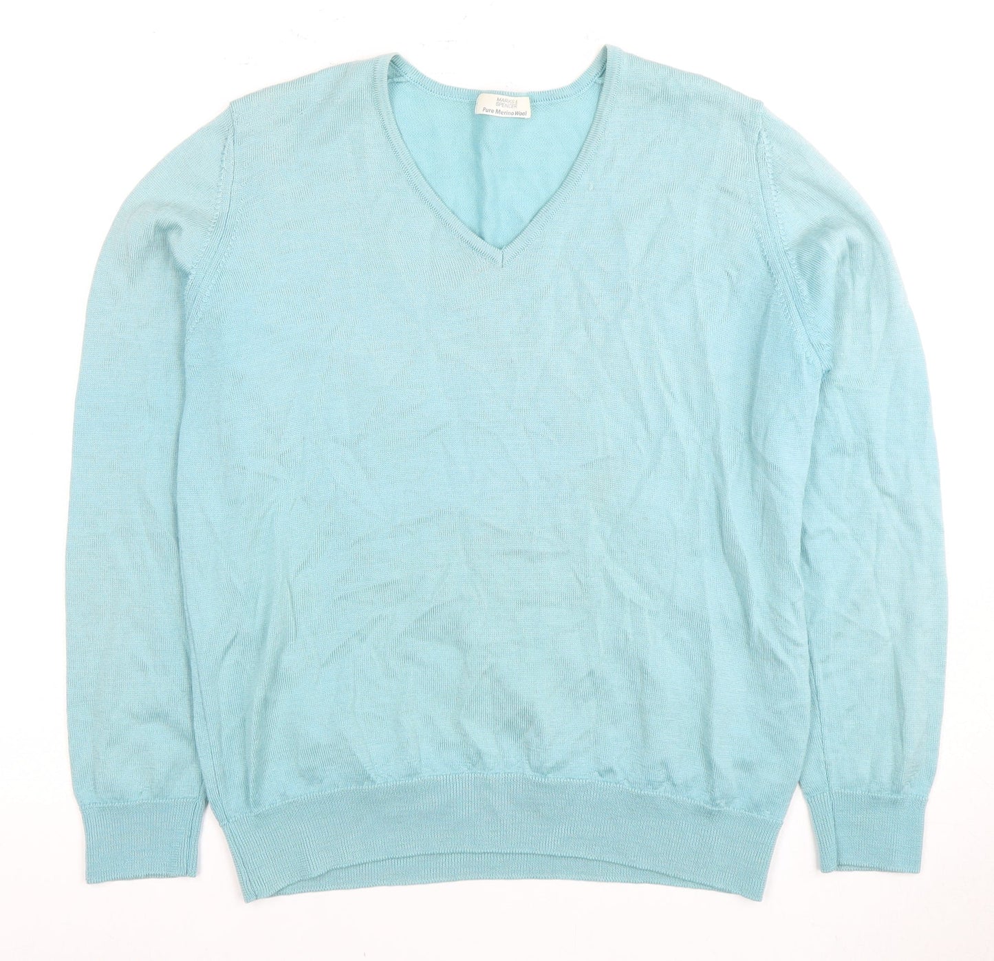 Marks and Spencer Women's Blue Wool V-Neck Jumper, Size 14