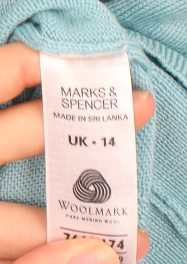 Marks and Spencer Women's Blue Wool V-Neck Jumper, Size 14