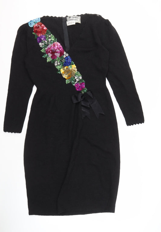 Don Sayres Black Embroidered Dress Long Sleeve