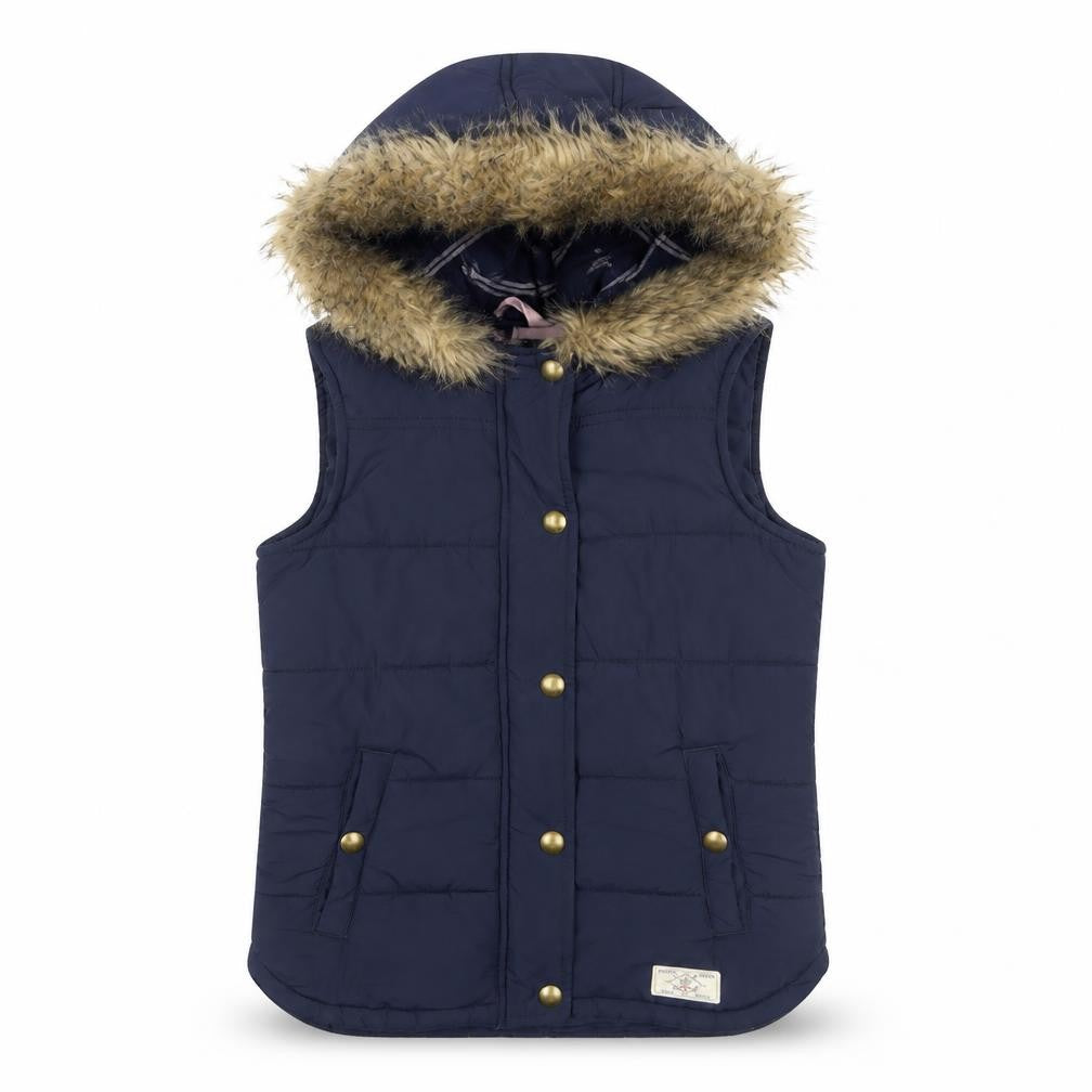 Front view of Joules girls’ blue padded fur trim hooded puffer jacket 10 years