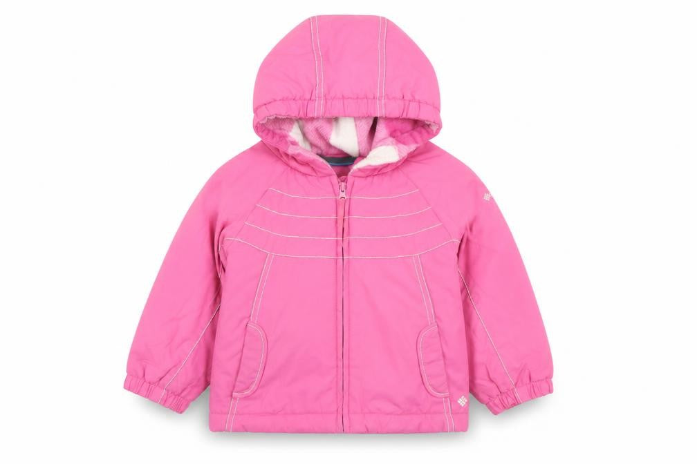 Front view of Columbia girls’ pink puffer jacket, size 2, years, hooded