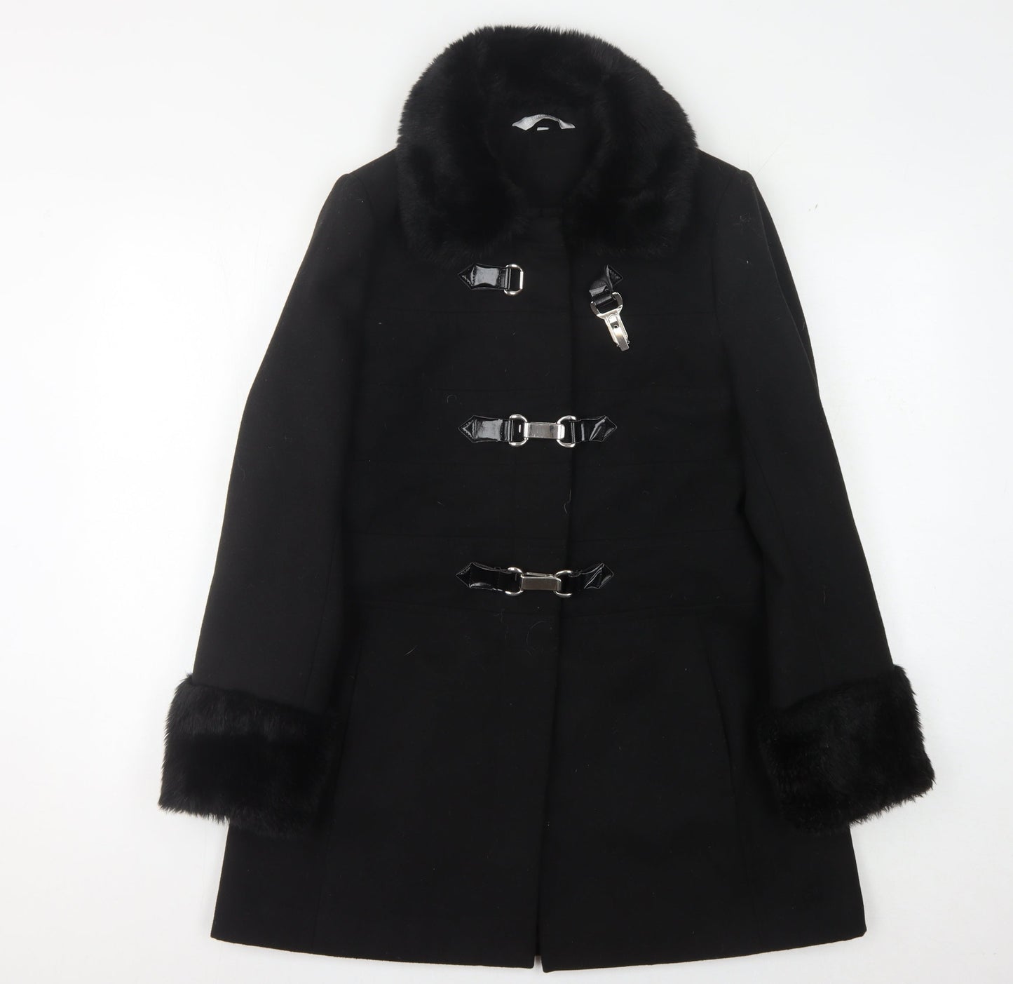 Debenhams Women's Black Overcoat with Fur Trim, Size 12