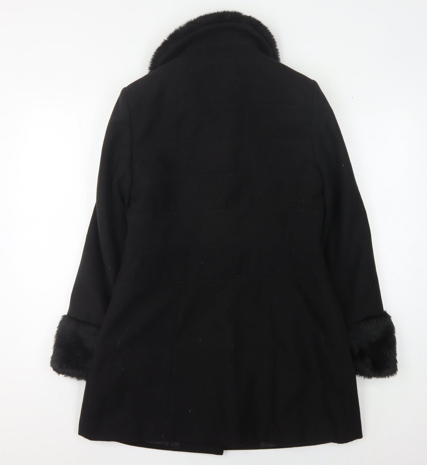 Debenhams Women's Black Overcoat with Fur Trim, Size 12