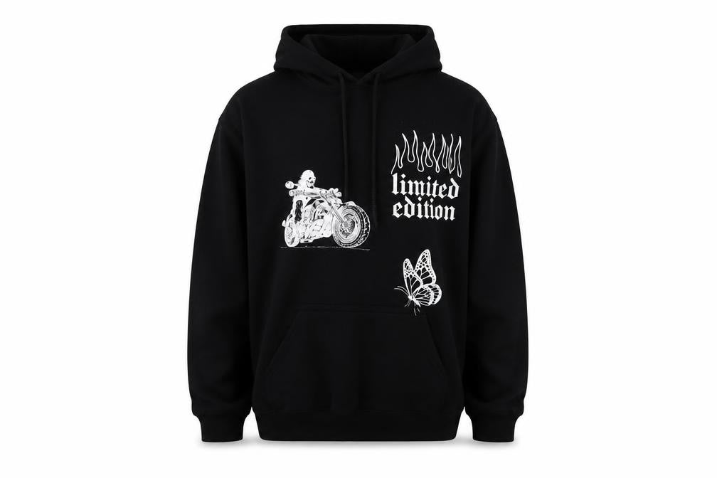 Front view of boohooMAN Men's Black Pullover Hoodie S, Graphic Print
