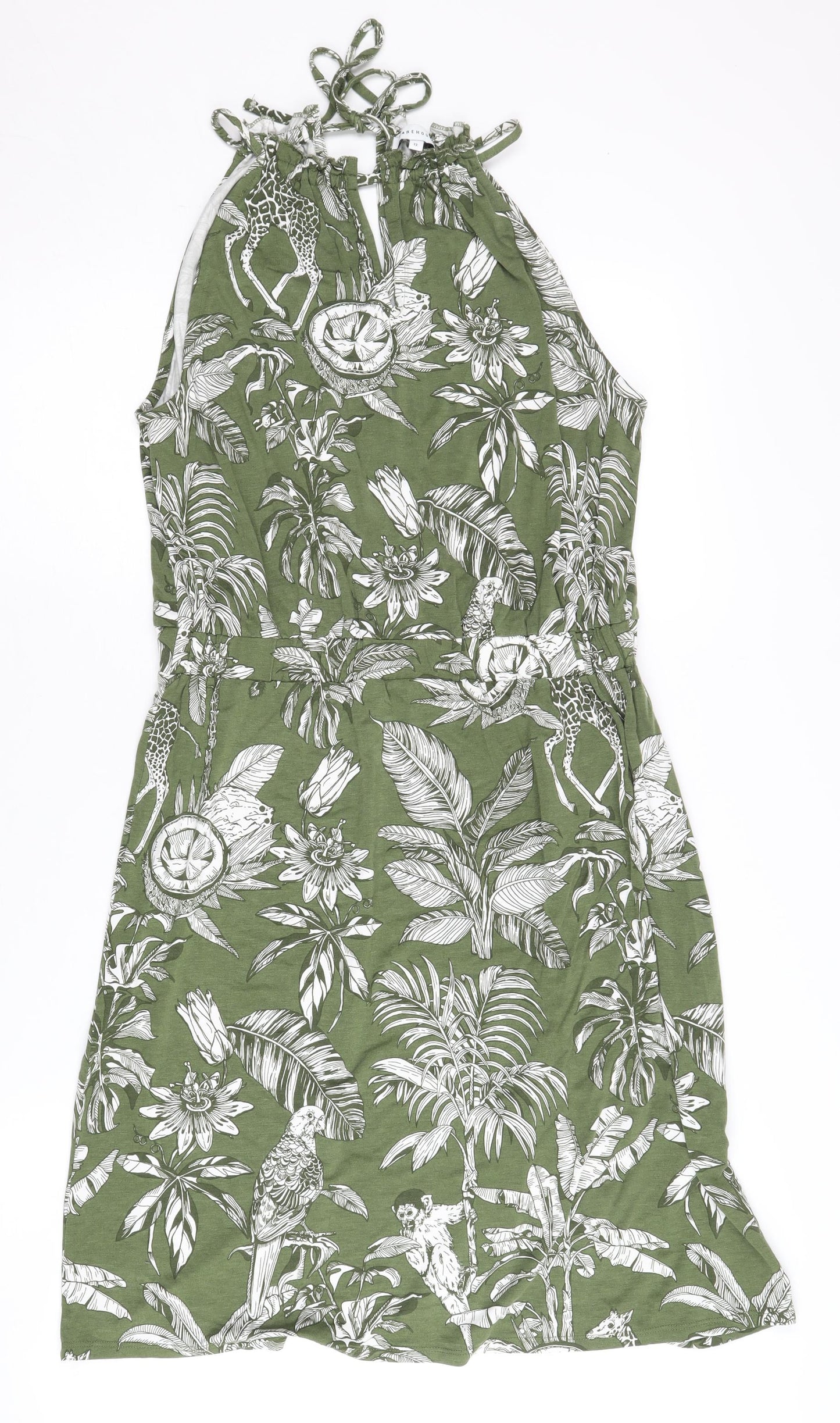 Warehouse Women's Green Animal Print Halter Dress