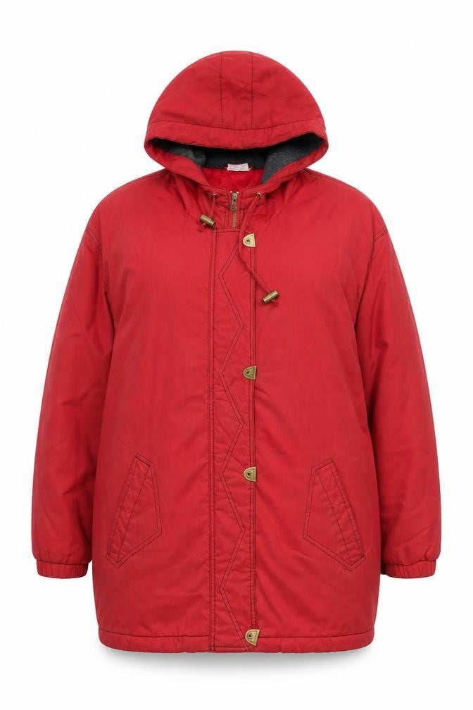 Front view of Casual Woman Red Hooded Long Coat, size 16, Polyester Blend