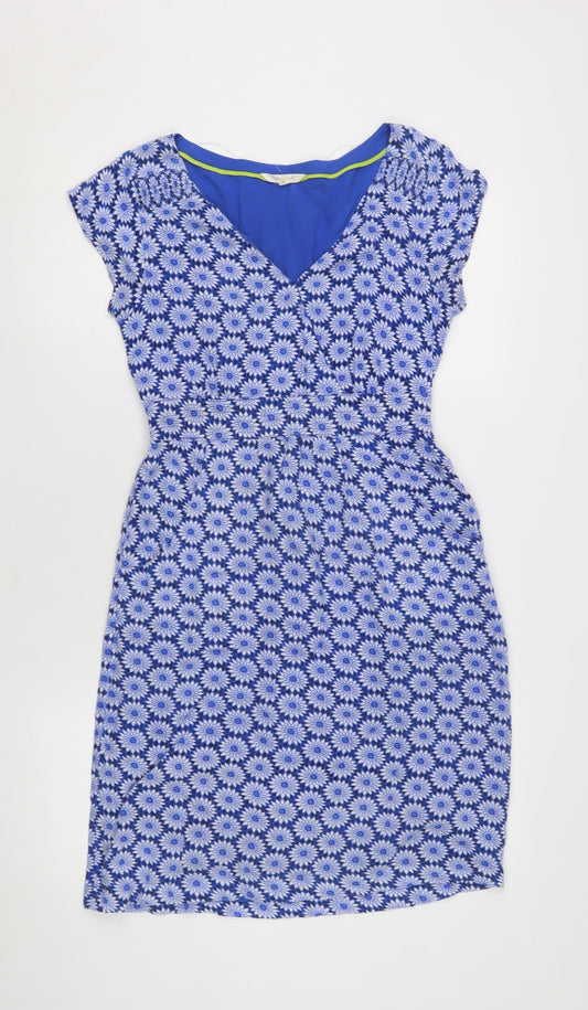 White Stuff Women's Blue Floral Cap Sleeve Dress, Size 8