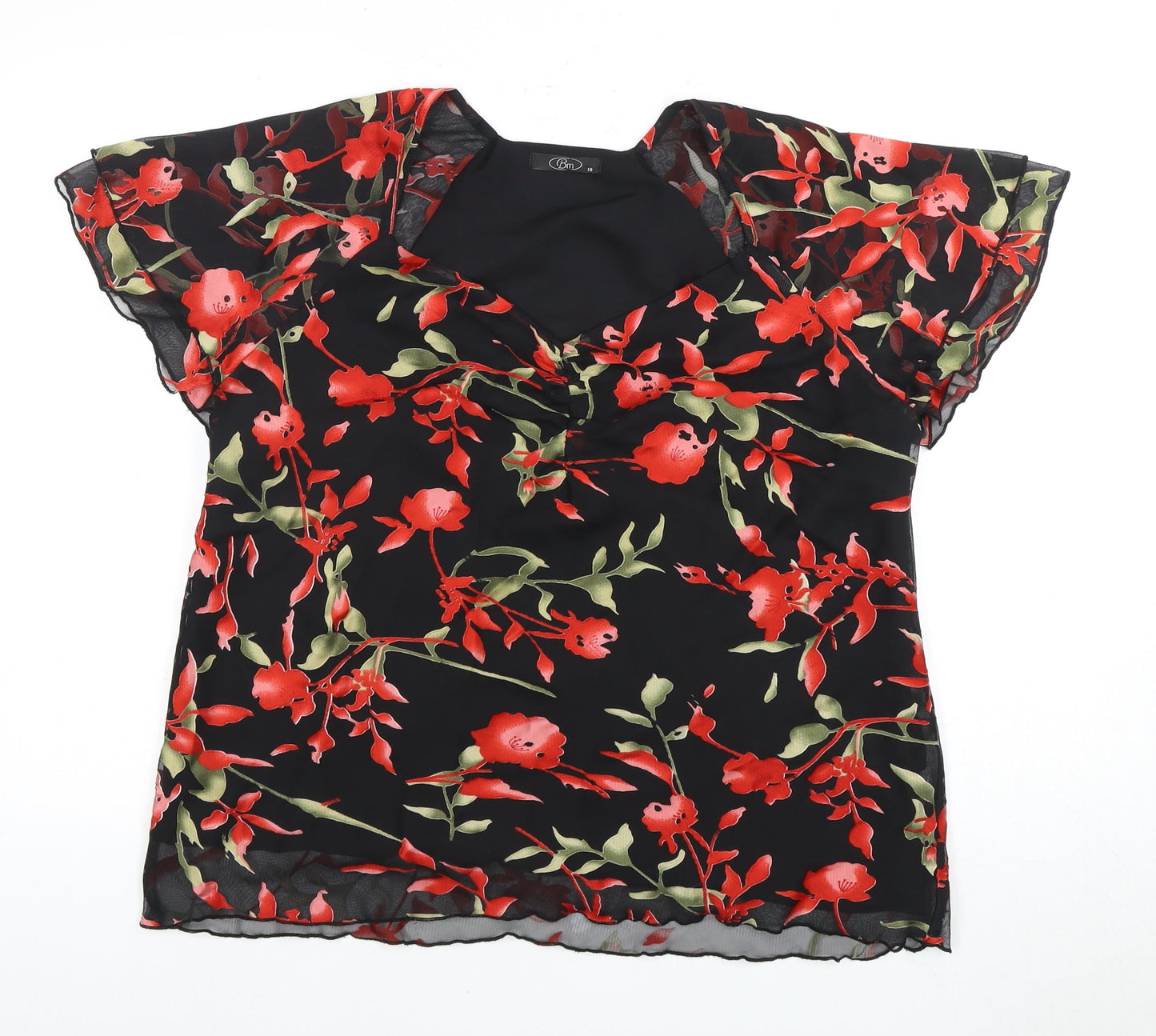 Bm Women’s Black Red Floral Blouse Size 18 Flutter Sleeve