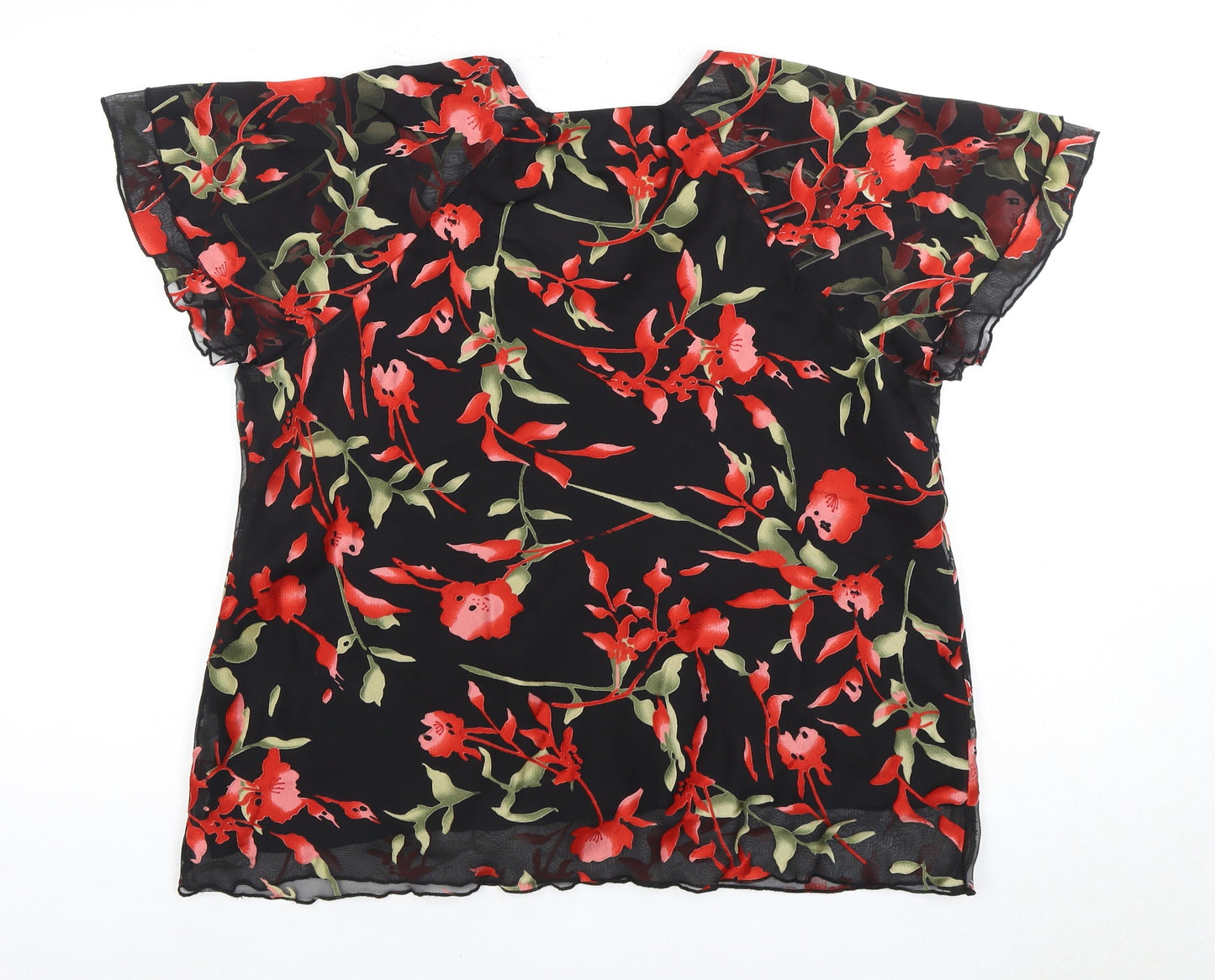 Bm Women’s Black Red Floral Blouse Size 18 Flutter Sleeve