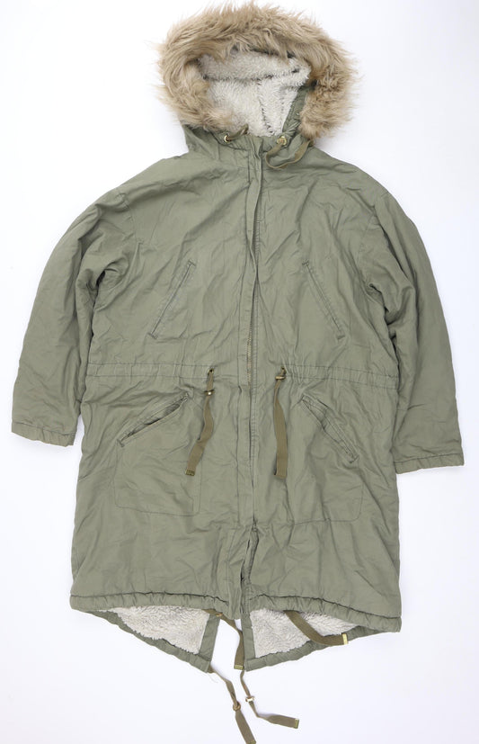 H&M Women's Green Parka Jacket, Size 12, Hooded Winter Coat