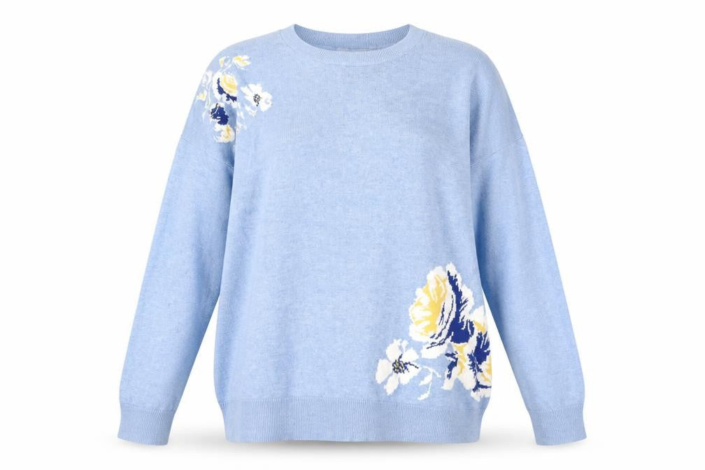 WoolOvers Women's Blue Floral Merino Pullover XL