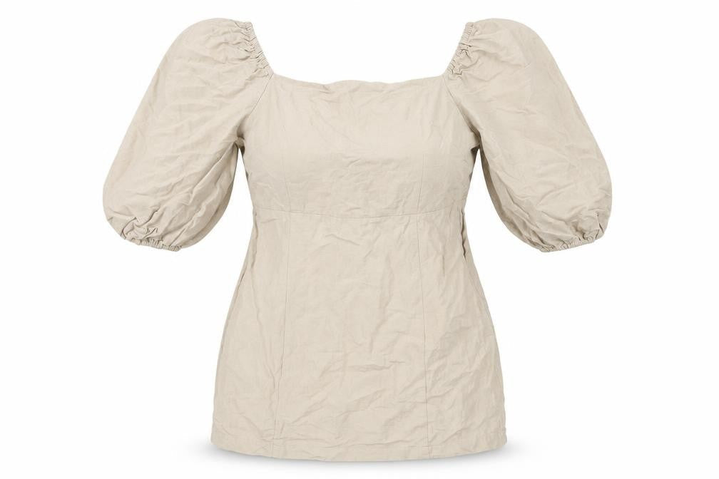 Warehouse Beige Puff Sleeve Women's Linen Blouse Size 16