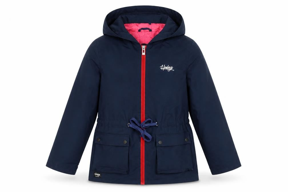 Front view of Henleys girls’ blue jacket 9-10 years hooded mid-length