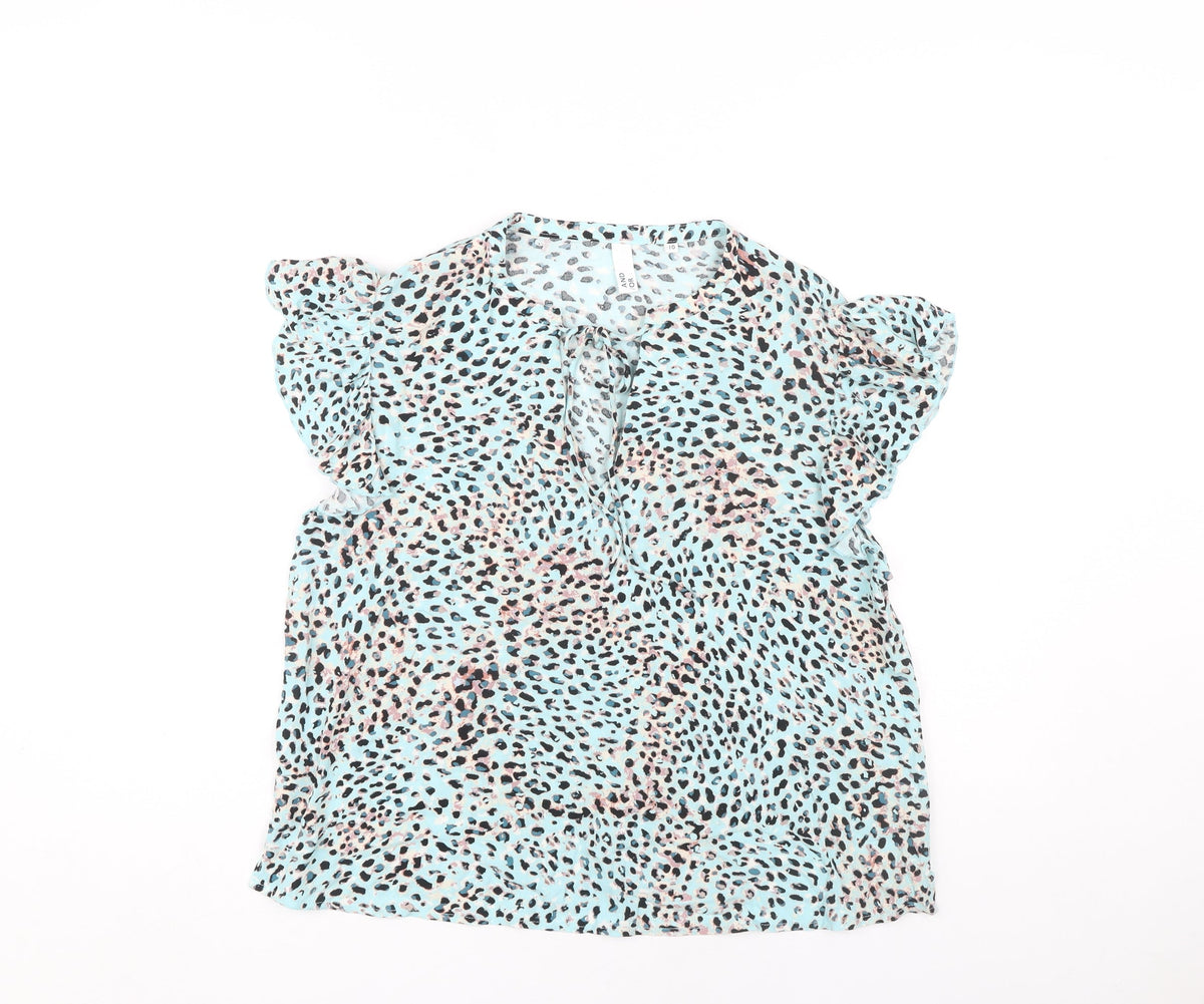 Additional front view of AND/OR Women's Blue Animal Print Blouse, size 10
