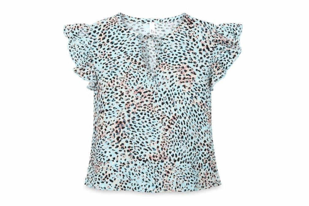 Front view of AND/OR Women's Blue Animal Print Blouse, size 10