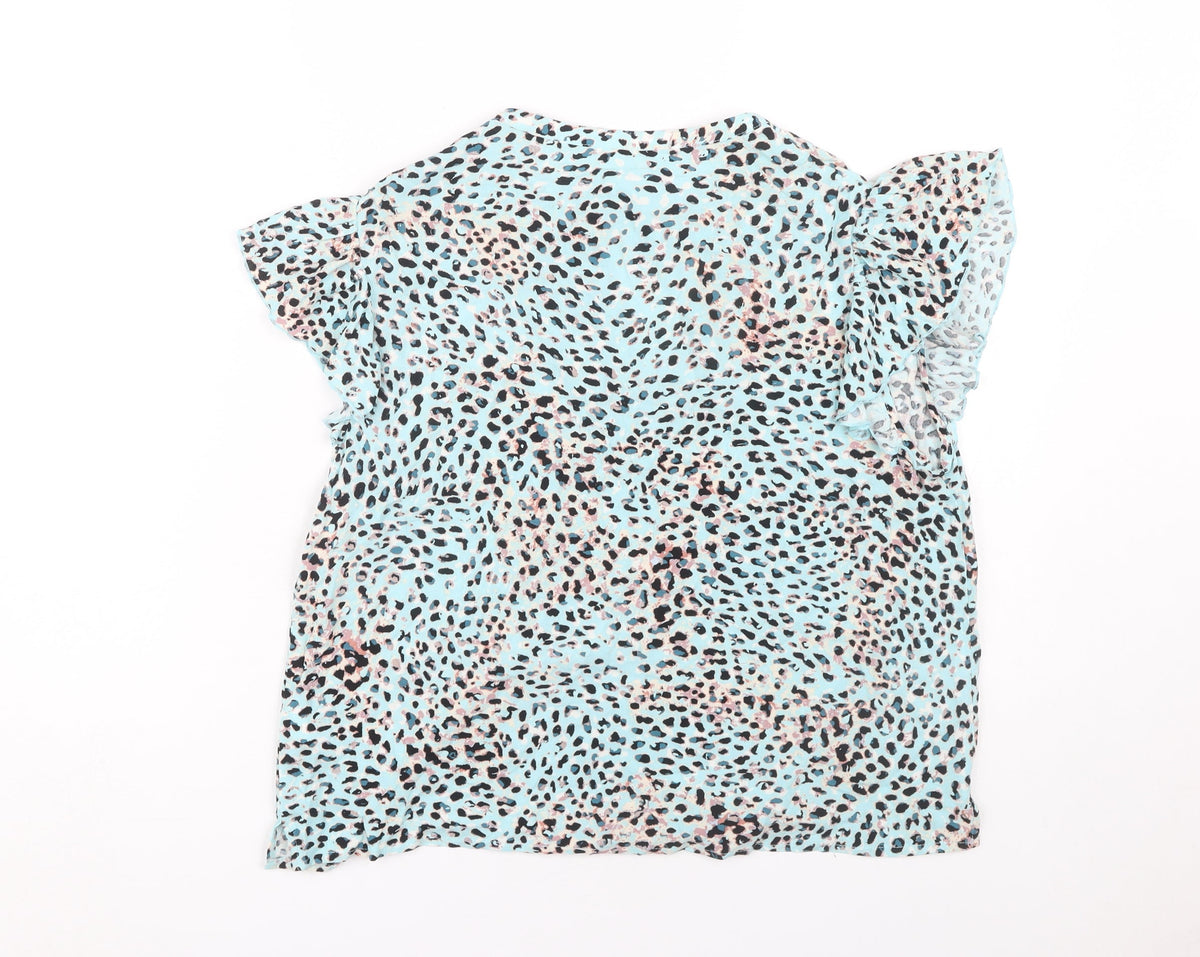 Back view of AND/OR Women's Blue Animal Print Blouse, size 10