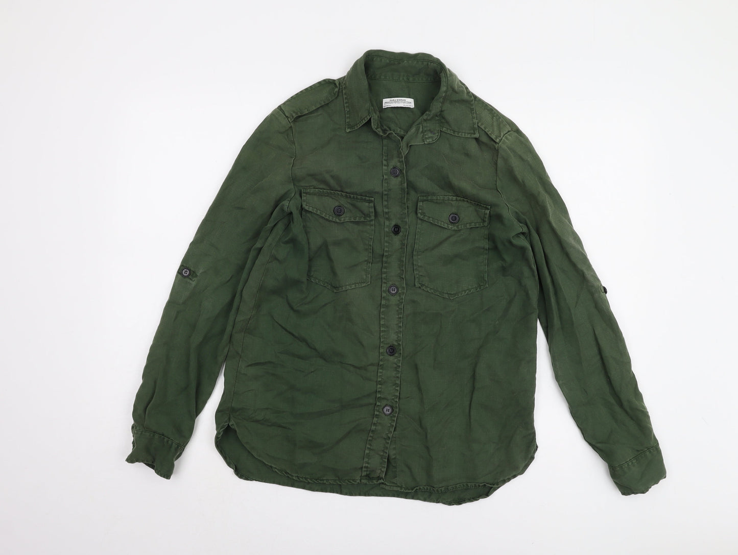 Zara Women's Green Button-Up Shirt, Size 2XS