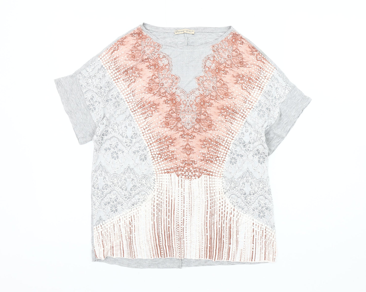 Zara Women's Grey & Pink Lace T-Shirt Size 12
