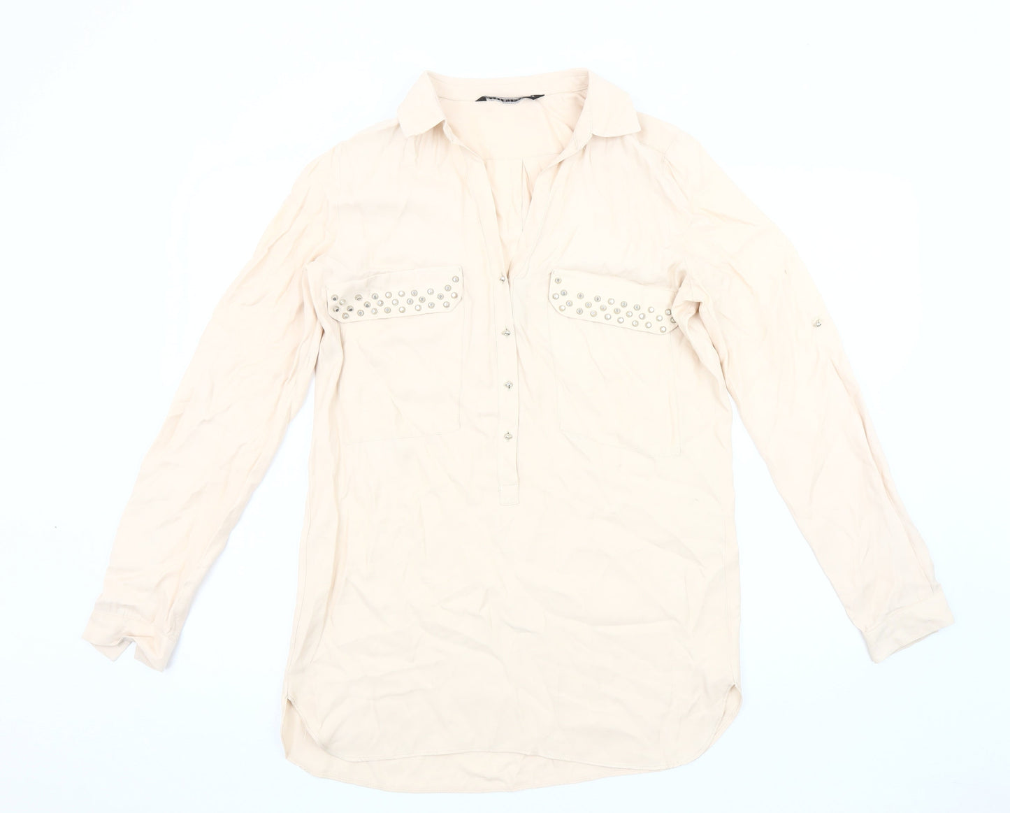 Zara Women's Beige Studded Blouse, Size 12, Long Sleeve