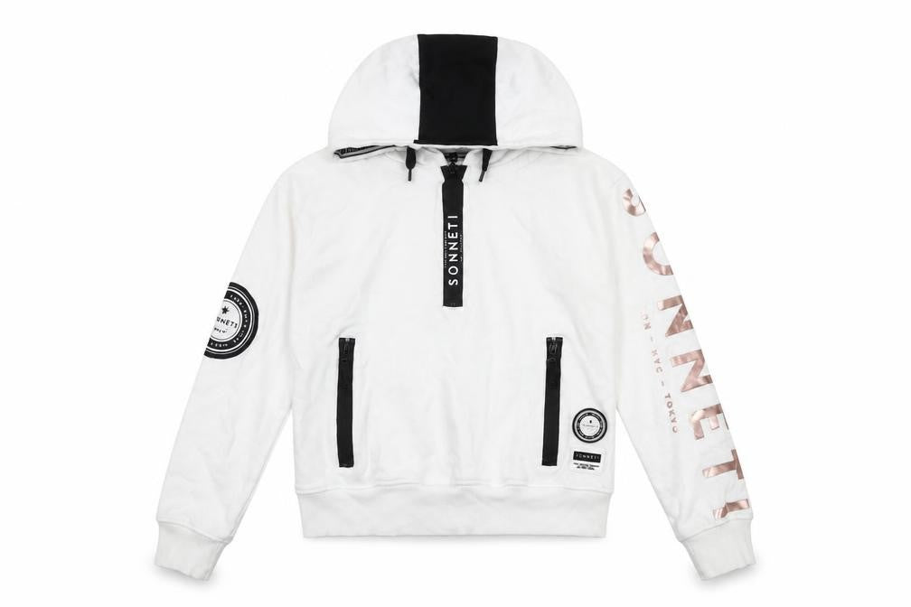 Front view of Sonneti girls’ white hoodie 12-13 years with zip pockets