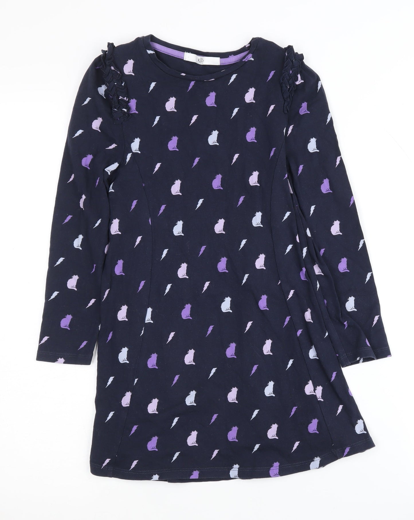 Marks and Spencer Girls Dress Multicoloured Cats 7-8 Years Long Sleeve